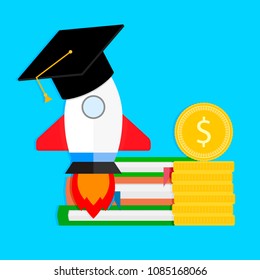 Beginning study in university. Launch study rocket, learning and teaching, development financing. Vector illustration
