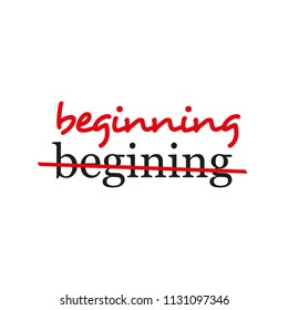 "beginning" text crossed out and corrected, most common error in English words