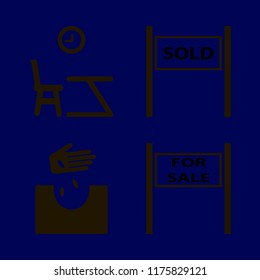 beginning vector icons set. with lesson begining, hand seeds, sold house and sale sign in set