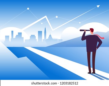 Beginning way. Businessman at road beginning. Opportunity and leadership, profit and new challenge motivation business vector concept. Illustration of businessman direction vision in telescope