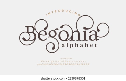 Begonia luxury elegant alphabet letters and numbers. Elegant wedding typography classic serif font decorative vintage retro.