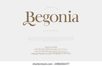 Begonia premium luxury elegant alphabet letters and numbers. Vintage wedding typography classic serif font decorative vintage retro. creative vector illustration