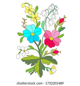 Begonia red, blue, buttercups yellow, lilies of the valley, vector flowers leaves, traditional folk costume for the holiday 