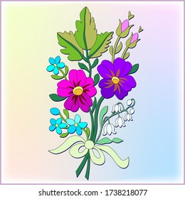 Begonia red, blue, Hand drawn, vector flowers leaves, forget-me-not, lilies of the valley, traditional folk costume for the holiday, pattern for embroidery on a belt, or tie, man, tape, ribbon lady
