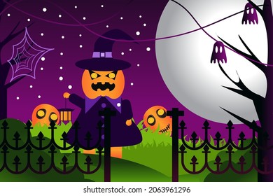 begron vector halloween party, dark and spooky, with pumpkin and moon