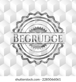 Begrudge grey badge with geometric cube white background. 