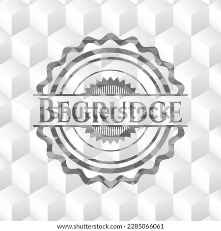 Begrudge grey badge with geometric cube white background. 