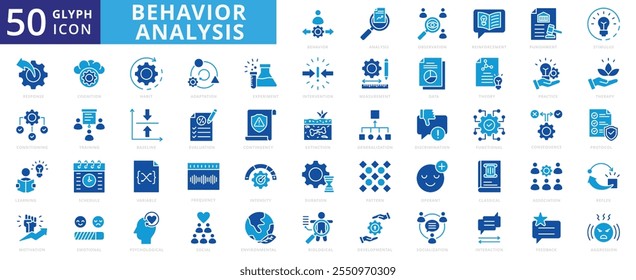 Conjunto de iconos de análisis de comportamiento de patrones, datos, entrenamiento, aprendizaje, terapia, motivación, emocional, experimento, ambiental, clásico, castigo, Comentarios, medida, biológico, agresión, social