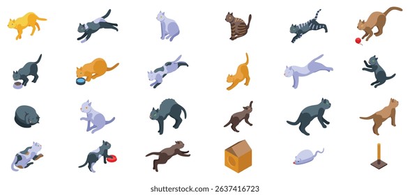 Behavior cat icons set. Cats doing different activities like sleeping, eating, playing, running, and stretching, isometric icons set