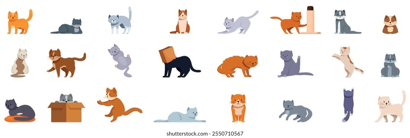 Behavior cat icons set. Collection of funny cats playing, scratching, stretching, and exploring