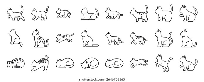  Definição de ícones de gato de comportamento. Ilustrações minimalistas de gatos retratando várias atividades felinas, desde caminhar e correr até sentar, dormir e brincar