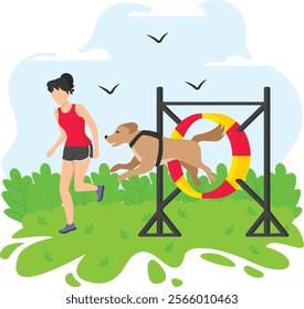 behavior counselors Giving Specialized training to Doggy concept,  dog sports vector color icon design, Pet foster and hotel Symbol, kennel animals Sign, Human-animal interaction scene illustration