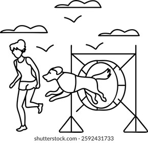 behavior counselors Giving Specialized training to Doggy outline concept, dog sports vector icon design, Pet foster and hotel Symbol, kennel animals Sign, Human-animal interaction scene illustration