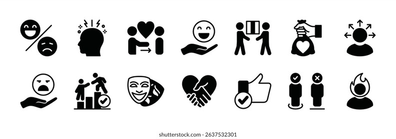 Behavior emotional of people, person, and human icon vector set. Contains smile, happy, sad, dizzy, mutual help, teamwork, donation, disappointed, theatre mask, good, angry, friendship. Illustration