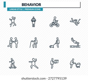 conjunto de ícones de comportamento - homem de pau saltando, piggyback uma criança, homem andando de bicicleta, cabeça para a água, homem wirth transportar coleção de vetores de contorno.
