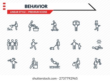 behavior icons set - watering plants, man cooking, three men conference, headfirst to water, man with tool outline vector collection.