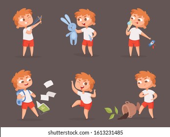 Behavior kids. Bad angry boys teasing children vector cartoon set