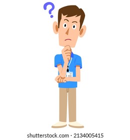The behavior of a male staff member wearing a short-sleeved polo shirt and a name tag