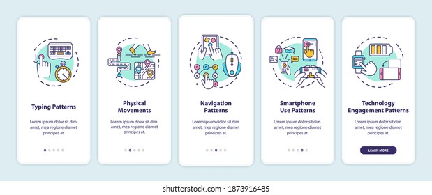 Behavior metrics elements onboarding mobile app page screen with concepts. Biological biometric walkthrough 5 steps graphic instructions. UI vector template with RGB color illustrations