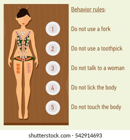 Behavior rules for sushi food from body. Female body sushi rules isolated on white background. Japanese food from bodies. Flat vector stock illustration