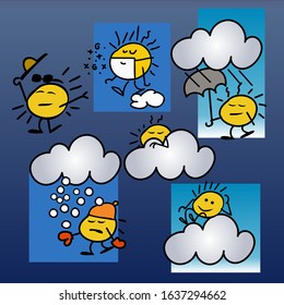 Behavior of the Sun character according to the weather. It was prepared in vector.