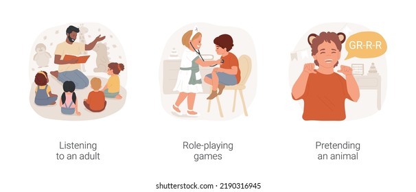 Behavior therapy in autism daycare isolated cartoon vector illustration set. Listening to an adult, role-playing games, pretending an animal, early education, developmental delay vector cartoon.