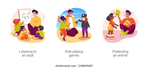 Behavior therapy in autism daycare isolated cartoon vector illustration set. Listening to an adult, role-playing games, pretending an animal, early education, developmental delay vector cartoon.