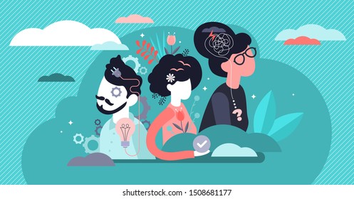 Behavior vector illustration. Flat tiny feelings expression persons concept. Various facial emotion and gestures communication styles collection. Personality type and psychological mindset difference.