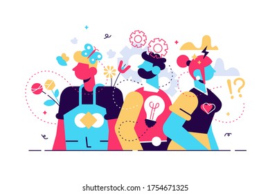 Behavior vector illustration. Flat tiny feelings expression persons concept. Various facial emotion and gestures communication styles collection. Personality type and psychological mindset difference.