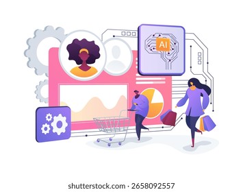 Análisis conductual para la Ilustración vectorial de conceptos abstractos de Upselling y Cross-Selling. La IA identifica oportunidades de ventas adicionales y ventas cruzadas basadas en el comportamiento del Cliente.