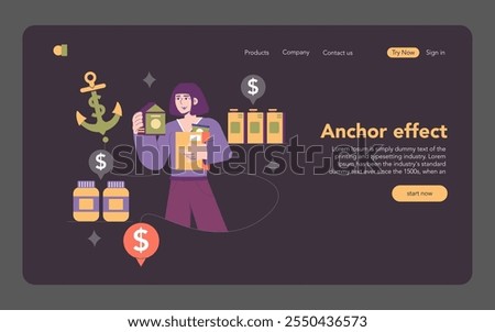 Behavioral Economics concept. Digital illustration showing the anchor effect, with charts and currency symbols. Economic decision-making and pricing strategy. Vector illustration.