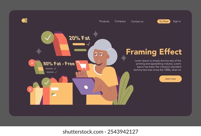 Conceito de economia comportamental. Ilustração exibindo o efeito de enquadramento com uma mulher idosa analisando etiquetas do produto. Influência na escolha do consumidor, processo de tomada de decisão. Ilustração vetorial.
