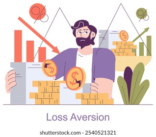 Behavioral Economics concept. Illustration of a man weighing gains against losses, representing the principle of loss aversion. Economy decision-making behavior. Vector illustration.