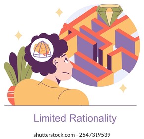 Behavioral Economics concept. An individual contemplates a complex maze, symbolizing thought processes and decision-making challenges. Vector illustration.