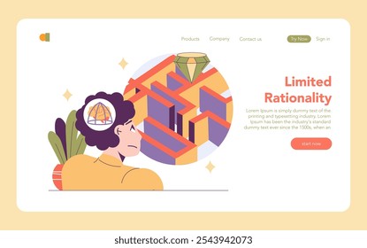 Behavioral Economics concept. Individual facing complex decision maze, depicting cognitive process and choice. Brain activity and analytical thinking in problem-solving. Vector illustration.