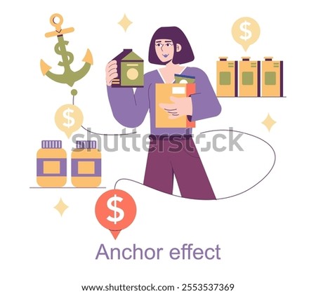 Behavioral Economics concept. A person analyzing the anchor effect with icons representing financial influence. Cognitive biases in decision-making. Vector illustration.