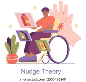 Behavioral Economics concept. A person interacts with symbols representing nudge theory. Decision-making, choice architecture, and gentle persuasion in illustrations. Vector illustration.