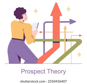 Concepto de economía conductual. Una persona que estudia gráficos interactivos que representan la teoría del prospecto. Toma de decisiones y análisis de riesgos ilustrados con flechas coloridas. Ilustración vectorial.