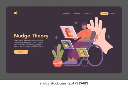 Concepto de economía conductual. Una persona en silla de ruedas interactúa con una computadora portátil, ilustrando la accesibilidad en empujones digitales. Inclusión en el marco de las posibilidades de elección del consumidor. Ilustración vectorial.