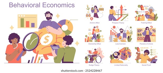 Behavioral Economics concept set. Illustration of cognitive biases and decision-making theories. Consumer behavior, heuristic principles, and mental shortcuts. Vector illustration.