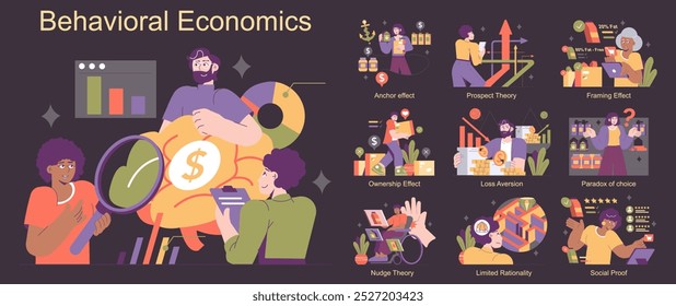 Conceito de economia comportamental. Vários preconceitos cognitivos e teorias de tomada de decisão. Pessoas interagindo com símbolos e gráficos financeiros. Ilustração vetorial.