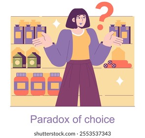 Behavioral Economics concept. A woman faces the paradox of choice among various products, indicating decision-making challenges. Vector illustration.