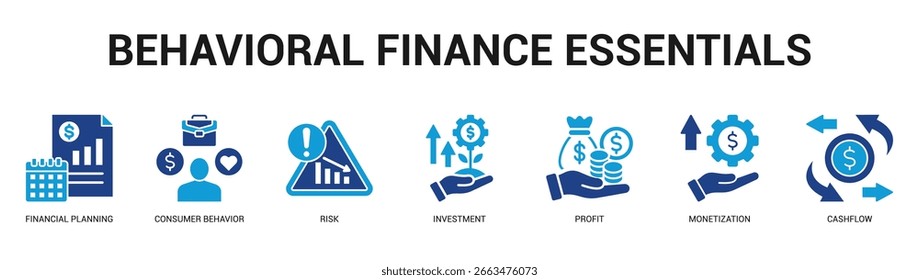 Comportamental Finanças Essentials Ilustração moderna e limpa de banner da Web com ícones temáticos para comunicação visual