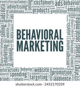 Diseño conceptual de nube de palabras de marketing conductual aislado sobre fondo blanco.