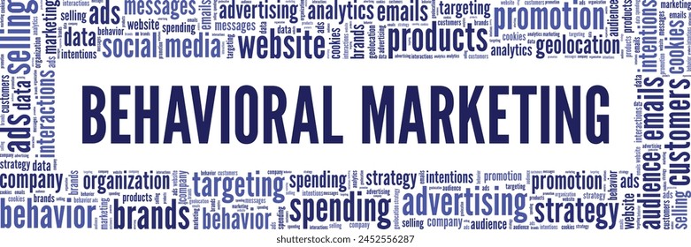 Diseño conceptual de nube de palabras de marketing conductual aislado sobre fondo blanco.