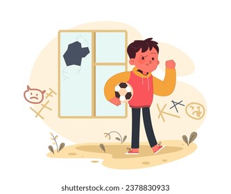 Behavioral problems of a neglected child. Little boy with bad destructive and aggressive attitude. Absence and uninvolvement of dad, lack of parental responsiveness. Flat vector illustration