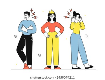 Behavioral problems simple. Woman in crown with high self esteem. Arrogant girl with conflicts with friends and colleagues. Negative feelings and emotions. Doodle flat vector illustration