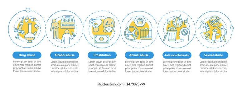 Behavioral Problems Vector Infographic Template. Drug & Alcohol Abuse, Prostitution, Sexual Harassment. Data Visualization With Six Steps. Process Timeline Chart. Workflow Layout With Linear Icons