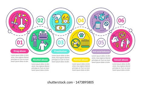 Behavioral Problems Vector Infographic Template. Drug & Alcohol Abuse, Prostitution, Sexual Harassment. Data Visualization With Six Steps. Process Timeline Chart. Workflow Layout With Linear Icons