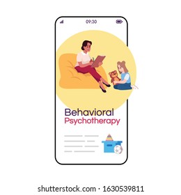 Behavioral psychotherapy cartoon smartphone vector app screen. Child therapy. Psychoanalysis. Mobile phone display with flat character design mockup. Application telephone cute interface